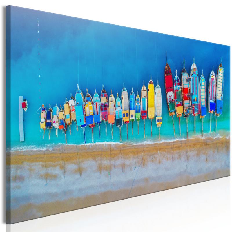Schilderij - Kleurrijke Boten van boven, multikleur, print op echt Italiaans canvas, in 3 maten, voor woonkamer en slaapkamer