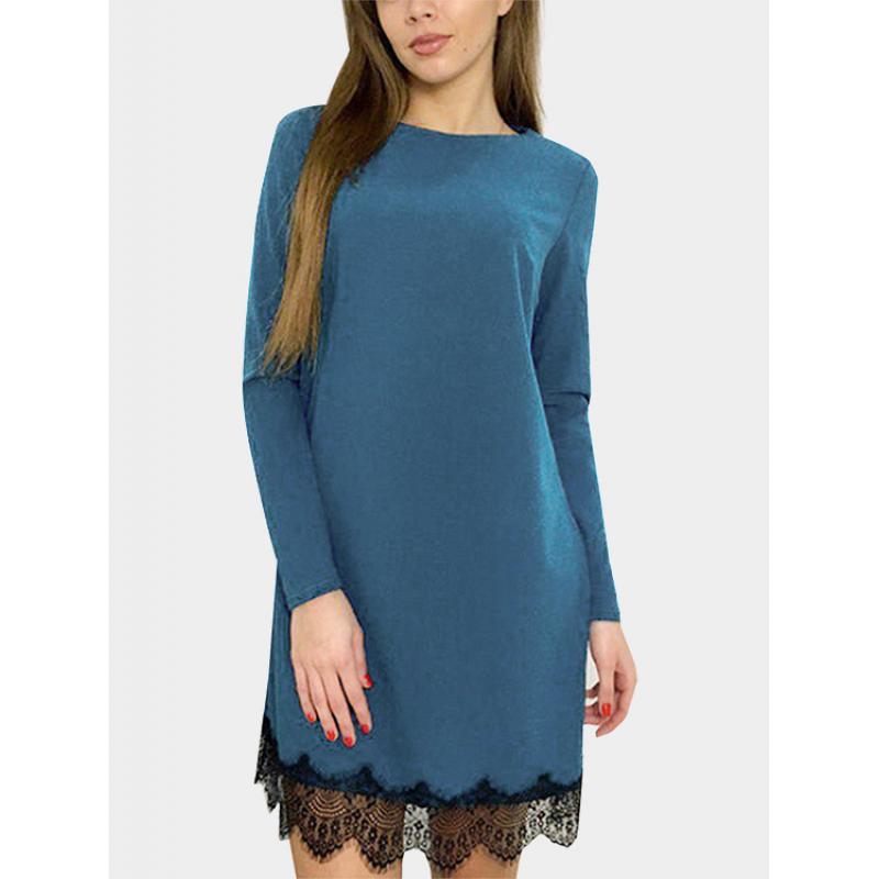 Blue Casual Long Sleeves Round Neck Lace Hem T shirt Dress