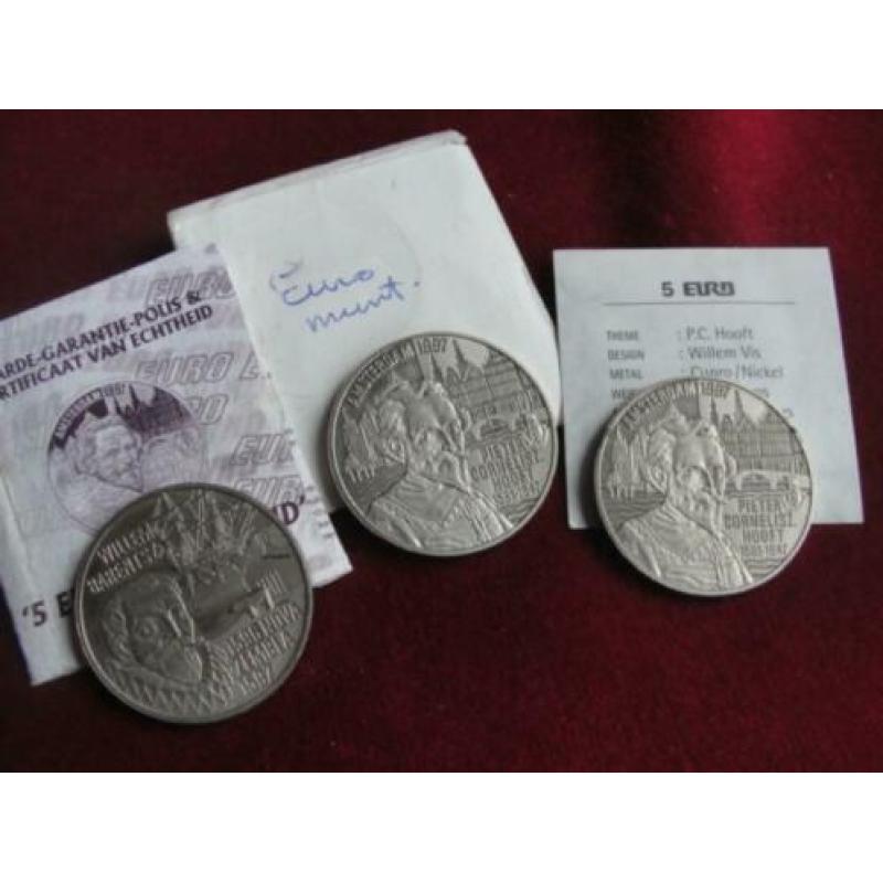 3 Munten 5 EURO 1996 en 1997 Willem Barentsz en P. C. Hooft