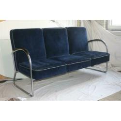 Originele Vintage Mat Chroom Gispen Bank 444 Blauw Corduroy