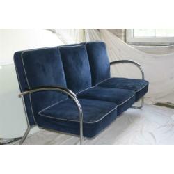 Originele Vintage Mat Chroom Gispen Bank 444 Blauw Corduroy