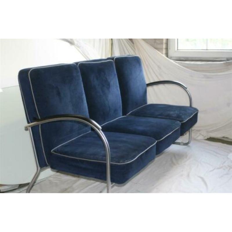 Originele Vintage Mat Chroom Gispen Bank 444 Blauw Corduroy