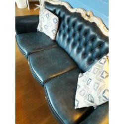 Kalfsleren Lodewijk XIV driezitsbank + 2 fauteuils