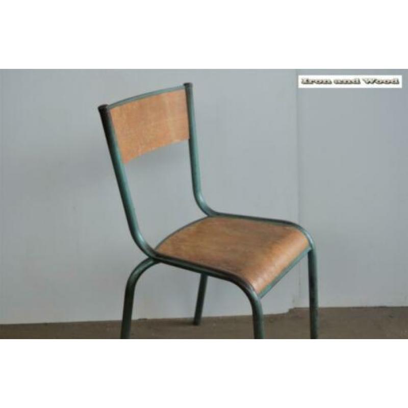 Groen blauwe oude industriele Mullca stoel /schoolstoel