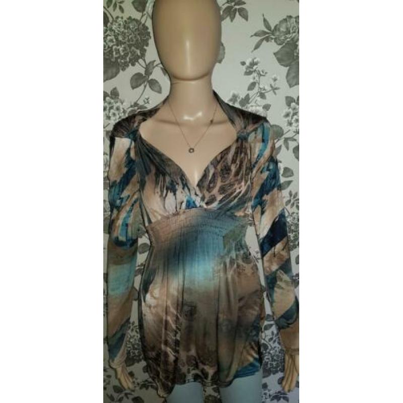 Top met lange mouw blauw/bruine print maat 36 z.g.a.n.