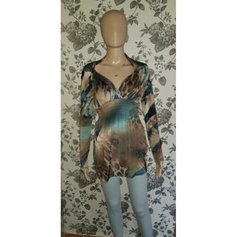 Top met lange mouw blauw/bruine print maat 36 z.g.a.n.