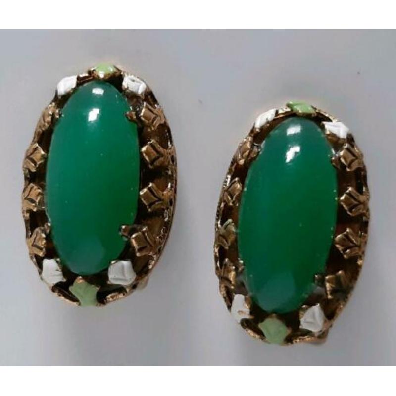 Vintage clips oorbellen cabochon jade edelsteen