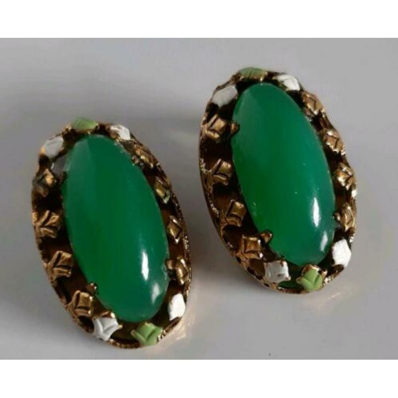 Vintage clips oorbellen cabochon jade edelsteen
