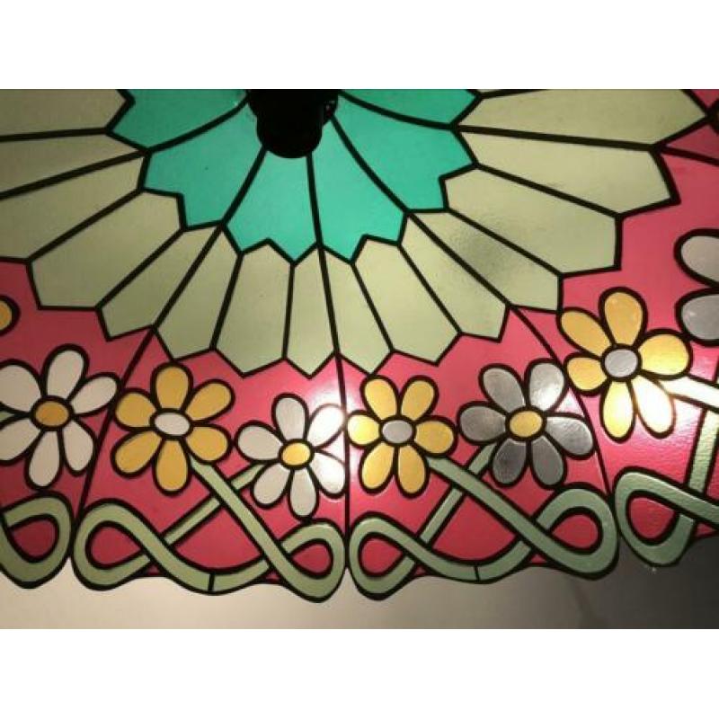 Grote retro Kunststof Hanglamp glas in lood look