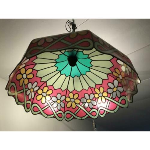 Grote retro Kunststof Hanglamp glas in lood look