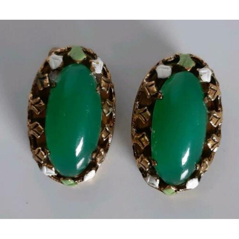 Vintage clips oorbellen cabochon jade edelsteen