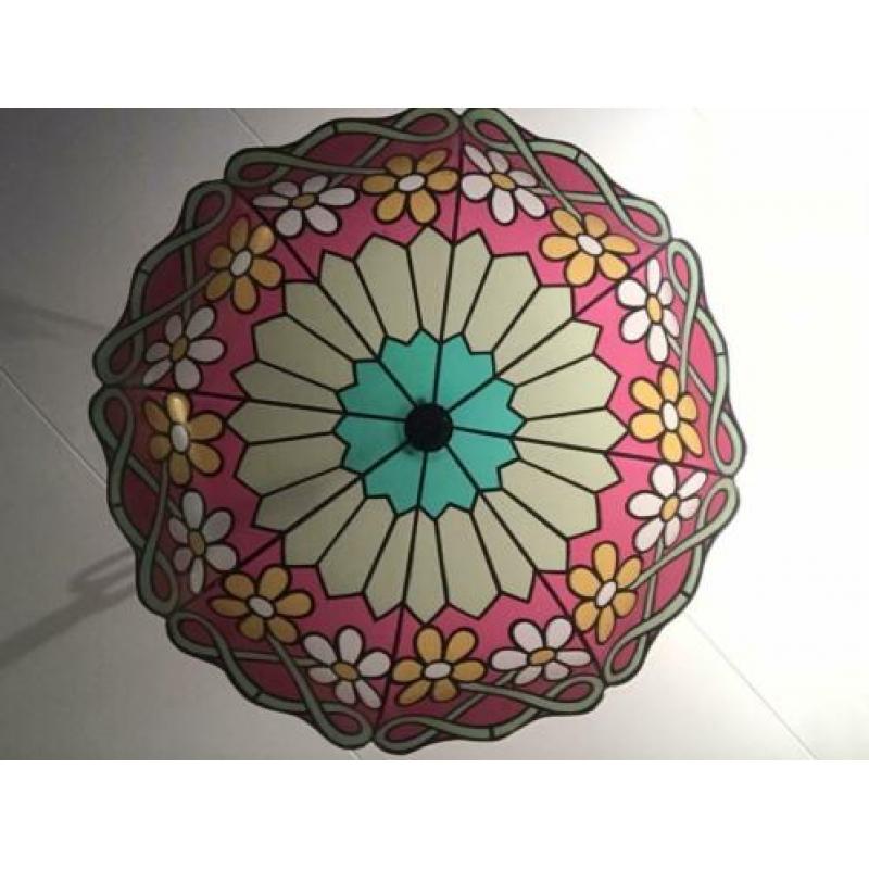 Grote retro Kunststof Hanglamp glas in lood look