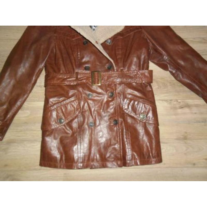 Arma Women Leren Bruine Lange Jas Met Knopen +Ceintuur Mt 40