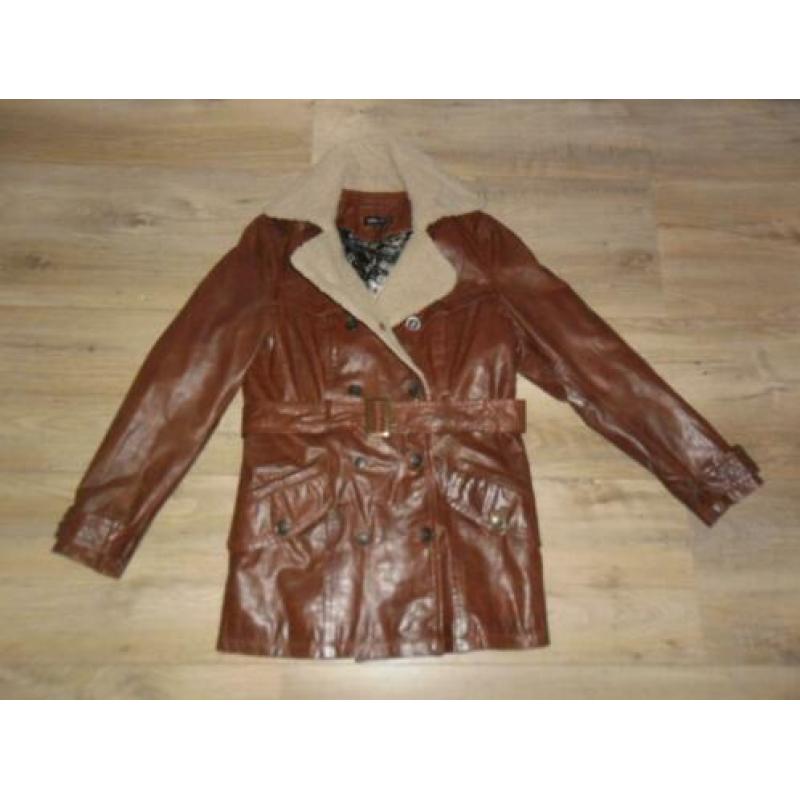 Arma Women Leren Bruine Lange Jas Met Knopen +Ceintuur Mt 40