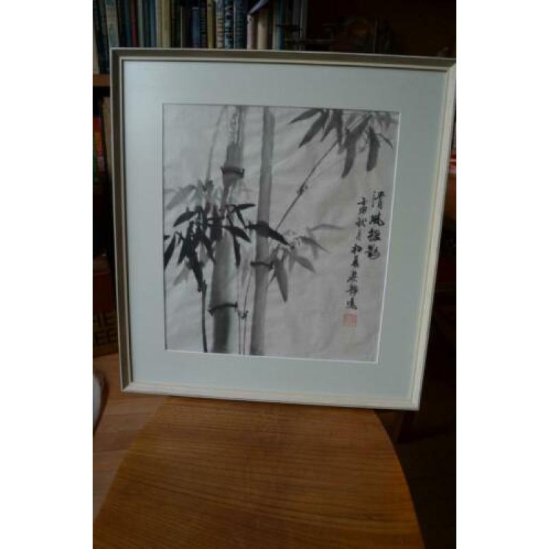 Aquarel Bamboe met karakters gesigneerd Japans/Chinees?