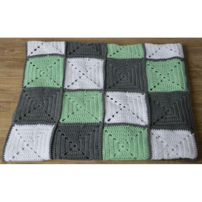 Gehaakte babydeken, Granny Squares, mint, grijs, wit