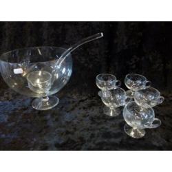 punch / bowl set, glas, 5 kopjes, glazen lepel
