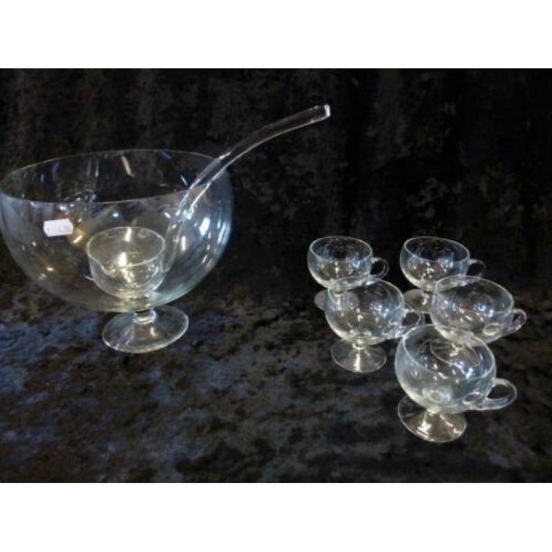 punch / bowl set, glas, 5 kopjes, glazen lepel