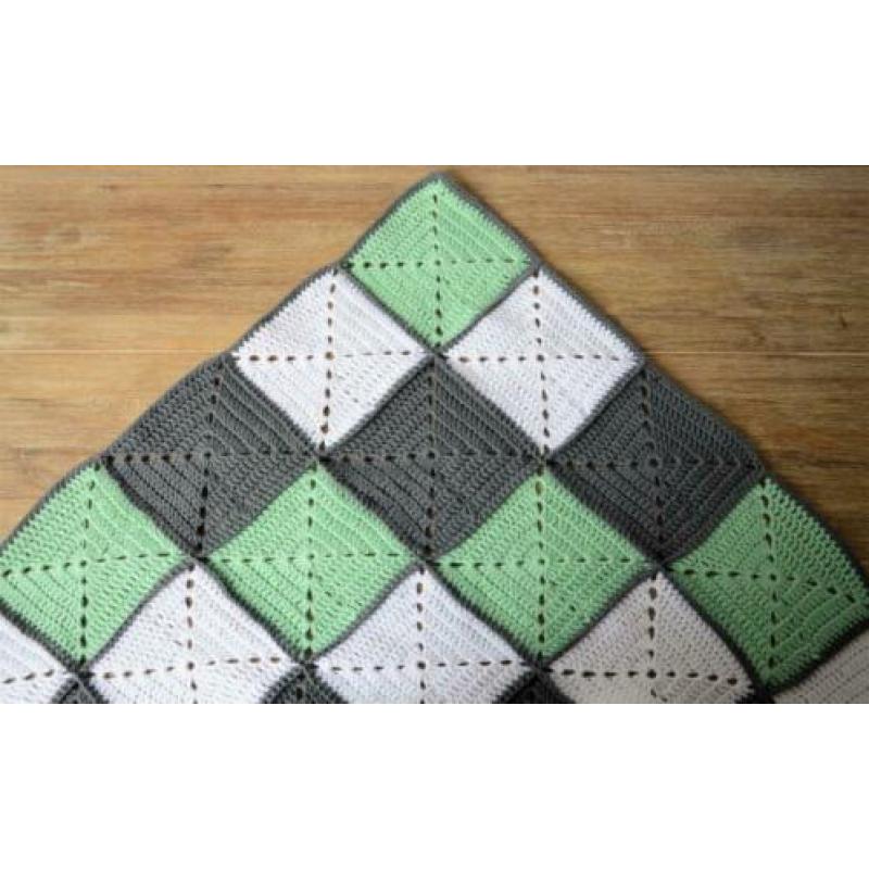 Gehaakte babydeken, Granny Squares, mint, grijs, wit