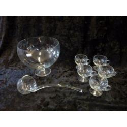 punch / bowl set, glas, 5 kopjes, glazen lepel
