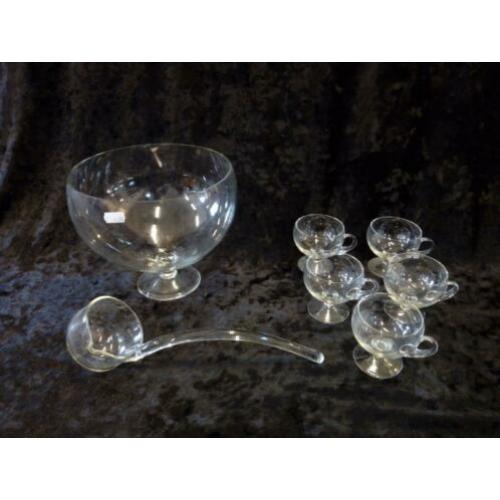 punch / bowl set, glas, 5 kopjes, glazen lepel