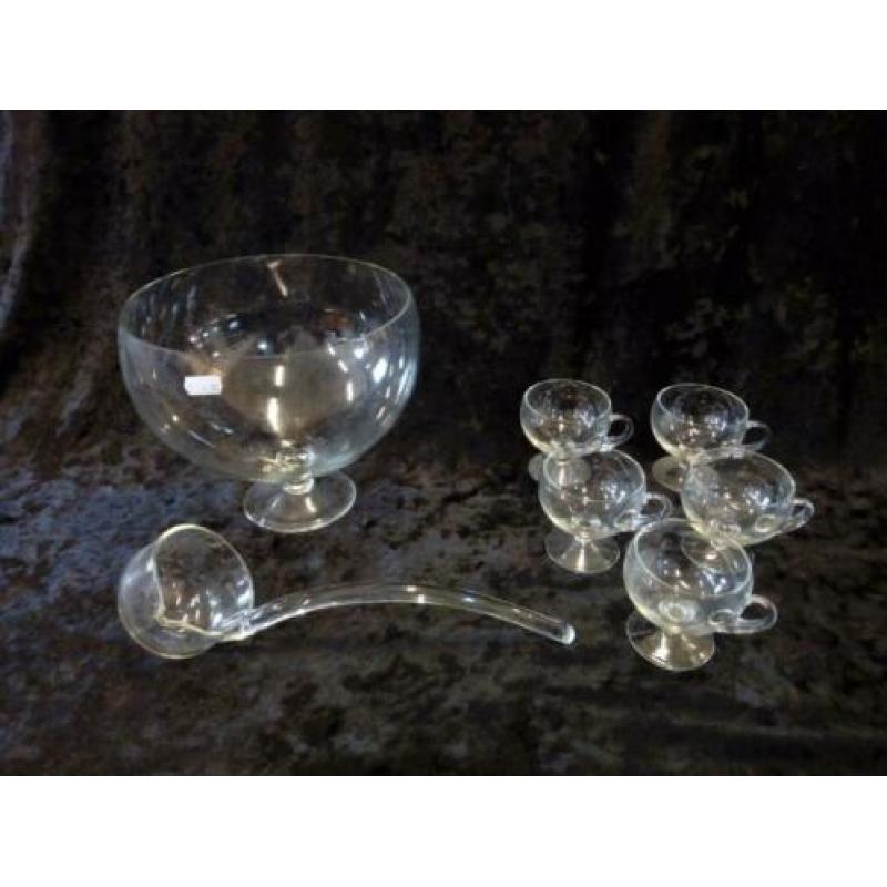 punch / bowl set, glas, 5 kopjes, glazen lepel