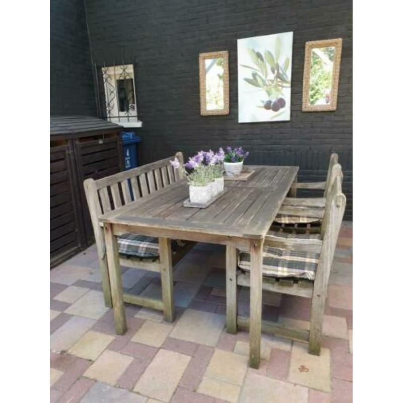 Teak houten tuinset (tafel, bank en stoelen)