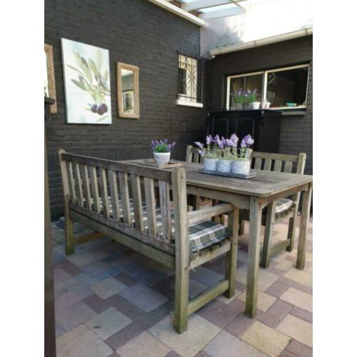 Teak houten tuinset (tafel, bank en stoelen)