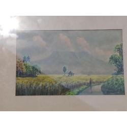 Oude aquarel rijstveld Indonesië gesigneerd